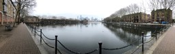 A fish eye lens, panoramic view of a lake/dock in foreground with London skyscrapers in the background. A few swans and ducks are in teh water. Grey sky and winter trees without leaves around the lake. Pavement and benches aroud the water, old fashioned bollards with chains between them form a safety fence at the edge of the water.