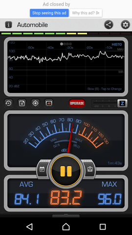 A screenshot from a mobile phone app. A dial says 83.2 dB. At the top it says Automobile. A jagged line graph crosses the screen.